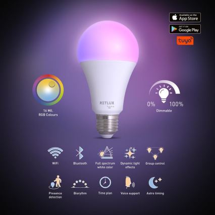 LED RGBW Prigušiva žarulja A70 E27/14W/230V 2700-6500K Wi-Fi Tuya