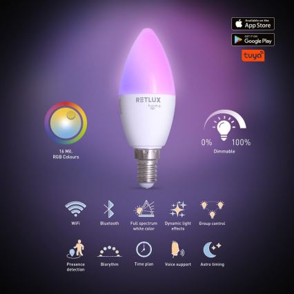 LED RGBW Prigušiva žarulja C37 E14/4,5W/230V 2700-6500K Wi-Fi Tuya
