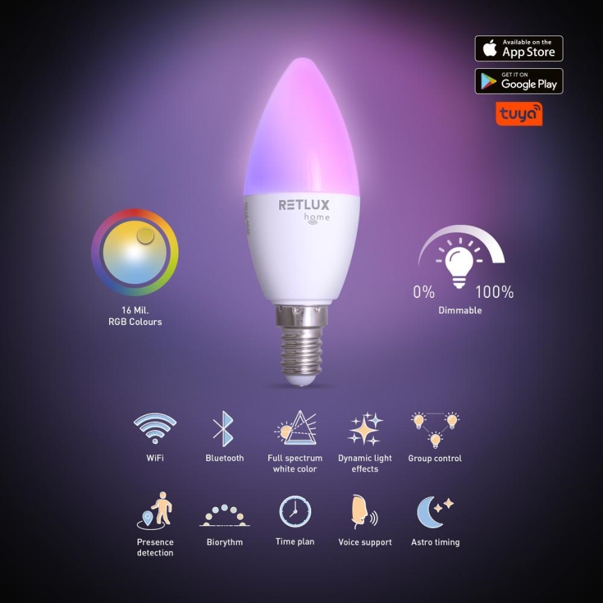 LED RGBW Prigušiva žarulja C37 E14/4,5W/230V 2700-6500K Wi-Fi Tuya