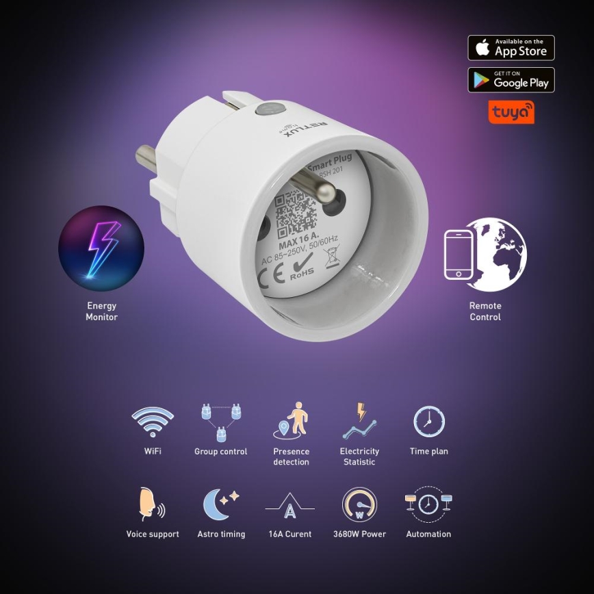 Pametna utičnica 3680W/230V/Tip E/16A Wi-Fi Tuya