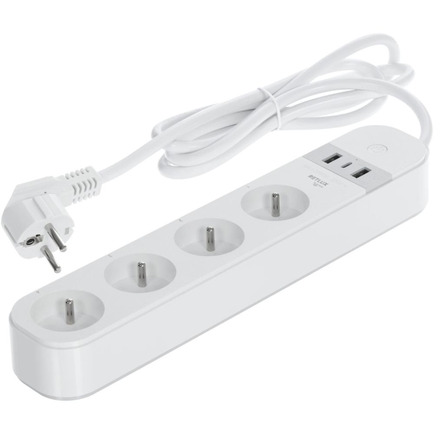 Pametni produžni kabel s prekidačem 4Z Tip E + 2x USB-A + 1x USB-C 1,5m Wi-Fi Tuya bijela