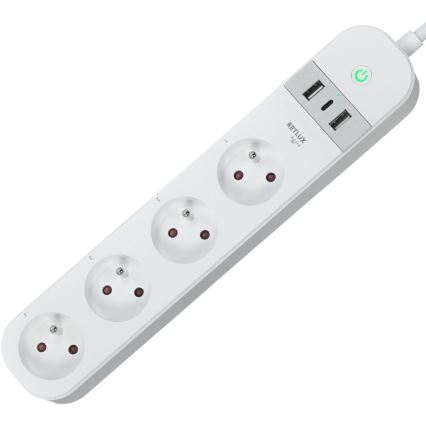 Pametni produžni kabel s prekidačem 4U Tip E + 2x USB-A + 1x USB-C 1,5m Wi-Fi Tuya bijela