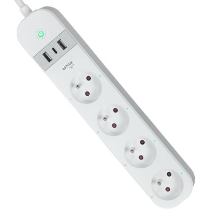 Pametni produžni kabel s prekidačem 4U Tip E + 2x USB-A + 1x USB-C 1,5m Wi-Fi Tuya bijela