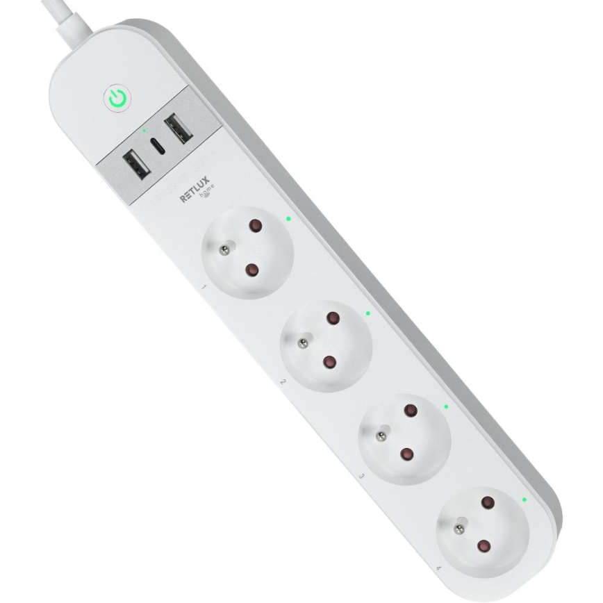 Pametni produžni kabel s prekidačem 4U Tip E + 2x USB-A + 1x USB-C 1,5m Wi-Fi Tuya bijela