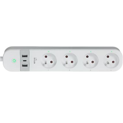 Pametni produžni kabel s prekidačem 4U Tip E + 2x USB-A + 1x USB-C 1,5m Wi-Fi Tuya bijela