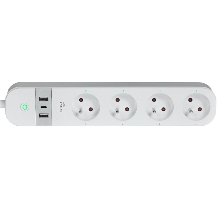 Pametni produžni kabel s prekidačem 4U Tip E + 2x USB-A + 1x USB-C 1,5m Wi-Fi Tuya bijela
