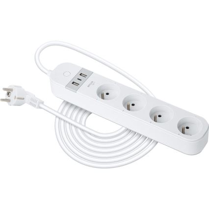 Pametni produžni kabel s prekidačem 4U Tip E + 2x USB-A + 1x USB-C 1,5m Wi-Fi Tuya bijela