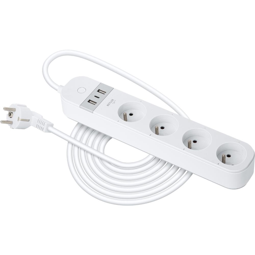 Pametni produžni kabel s prekidačem 4U Tip E + 2x USB-A + 1x USB-C 1,5m Wi-Fi Tuya bijela