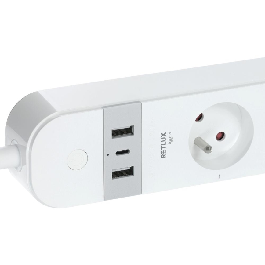 Pametni produžni kabel s prekidačem 4U Tip E + 2x USB-A + 1x USB-C 1,5m Wi-Fi Tuya bijela