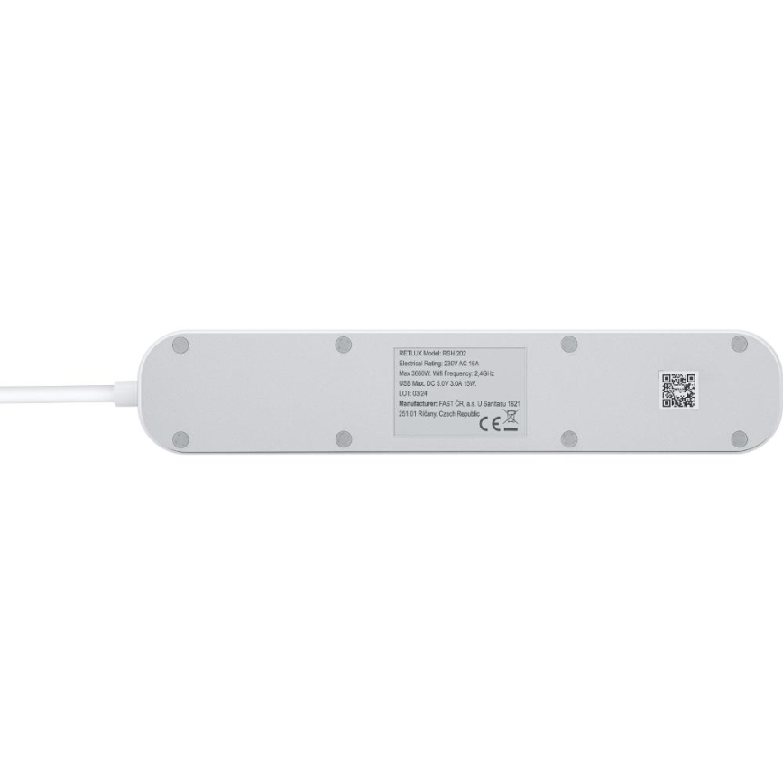 Pametni produžni kabel s prekidačem 4U Tip E + 2x USB-A + 1x USB-C 1,5m Wi-Fi Tuya bijela