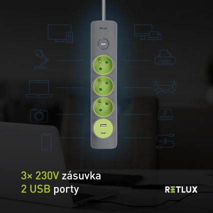 Retlux - Produžni kabel s prekidačem 3x tip E + 1x USB-A + 1x USB-C 1,4 m siva