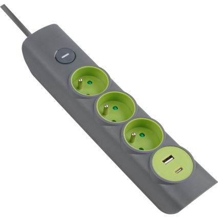 Retlux - Produžni kabel s prekidačem 3x tip E + 1x USB-A + 1x USB-C 1,4 m siva