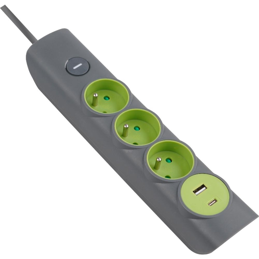 Retlux - Produžni kabel s prekidačem 3x tip E + 1x USB-A + 1x USB-C 1,4 m siva