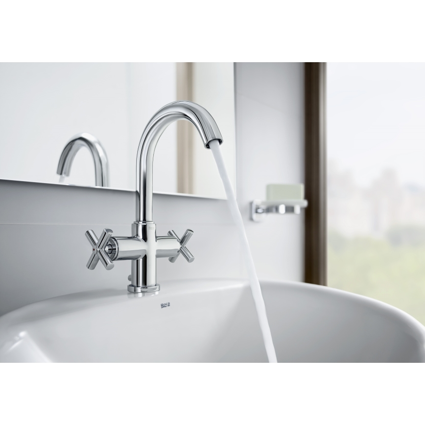 Roca A5A3043C00 - Miješalica za umivaonik + gornji dio sifona s preljevom LOFT 27 cm sjajni krom