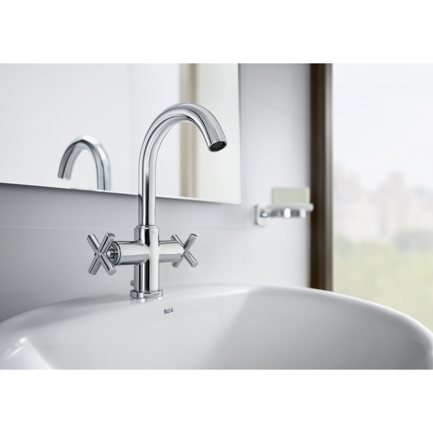 Roca A5A3043C00 - Miješalica za umivaonik + gornji dio sifona s preljevom LOFT 27 cm sjajni krom