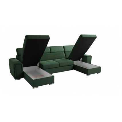 Razvlačna kutna garnitura u obliku slova U s univerzalnim kutom i spremištem SALVADA zelena