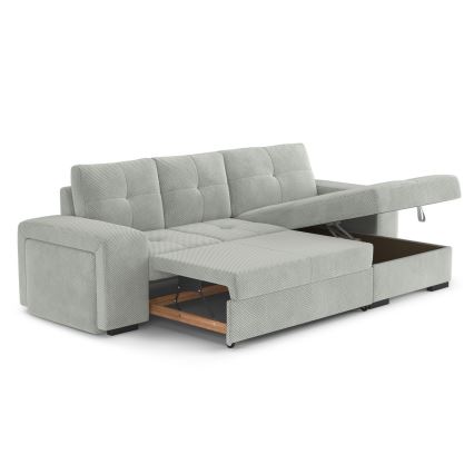 Rozvlačna sofa s prostorom za pohranu i tabureom PALERMO, svijetlosiva, desna