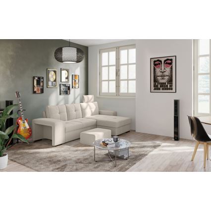 Rozvlačna sofa s prostorom za pohranu i tabureom PALERMO, svijetlosiva, desna