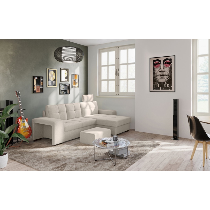 Rozvlačna sofa s prostorom za pohranu i tabureom PALERMO, svijetlosiva, desna