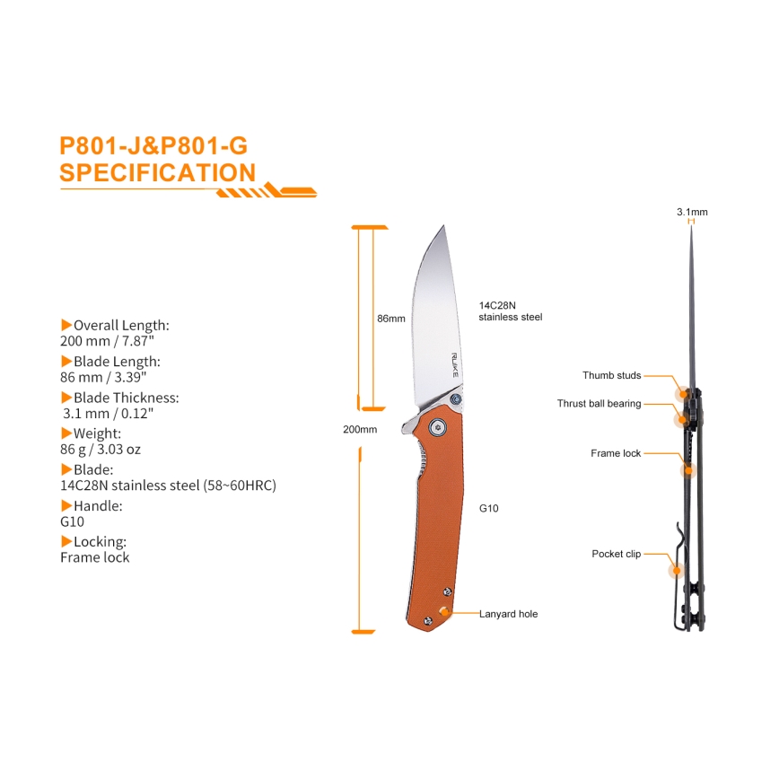 Ruike RUP801J - Sklopivi džepni nož 20 cm narančasta
