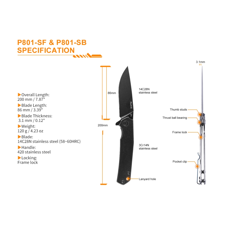 Ruike RUP801SF - Sklopivi džepni nož 20 cm srebrna