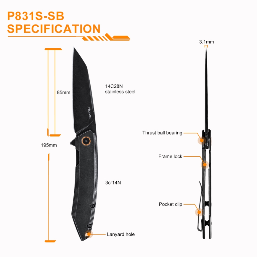 Ruike RUP831SSB - Sklopivi kompaktni nož 19,5 cm crna