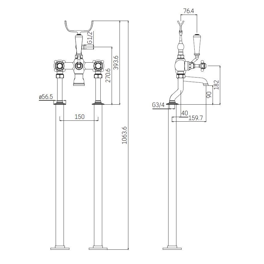 Samostojeći set za kadu s baterijom, 106,3 cm, sjajni krom
