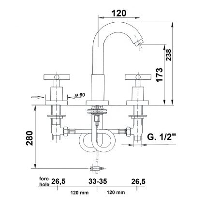 Sapho - 3-otvorna miješalica za umivaonik AXIA 23,8 cm, sjajni krom