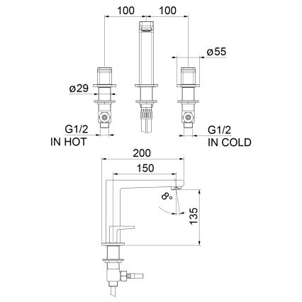 Sapho - Baterija za umivaonik TURSI, za ugradnju u 3 otvora, mat crna