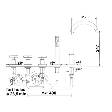 Sapho - Kupaonska baterija za kadu 5-otvorna AXIA, sjajni krom