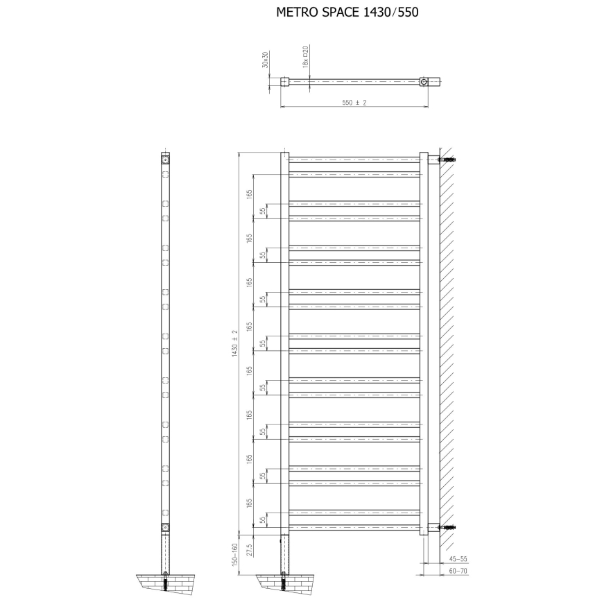 Sapho - Kupaonski radijator METRO SPACE 525W 55x143 cm mat crne boje