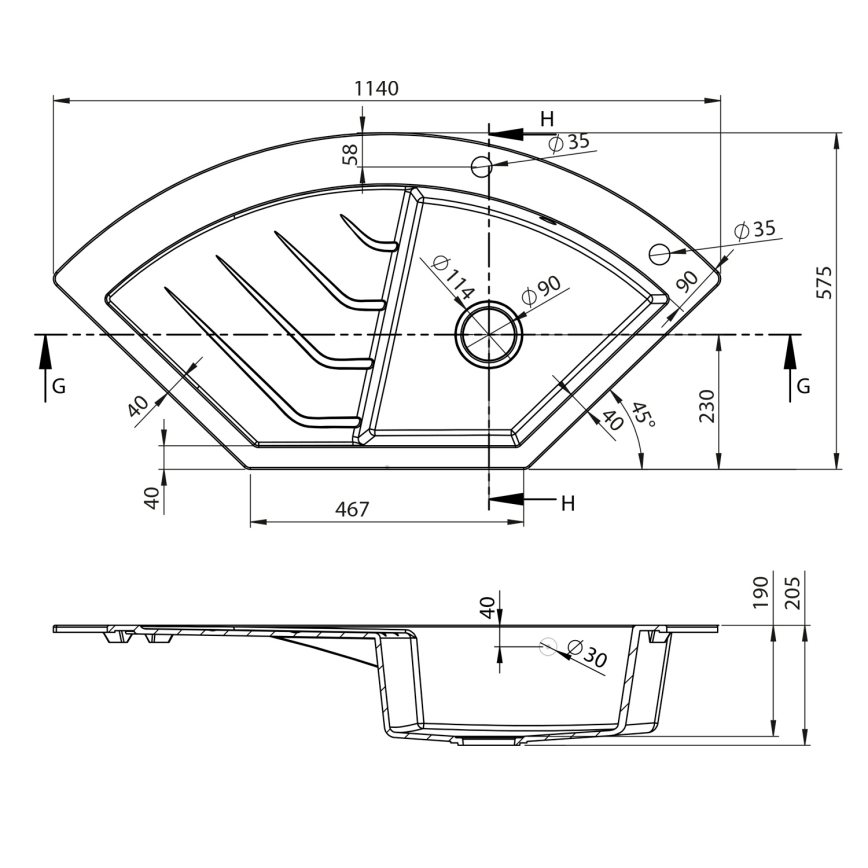 Sapho - Kutni kuhinjski sudoper 114x57,5 cm granit/crna