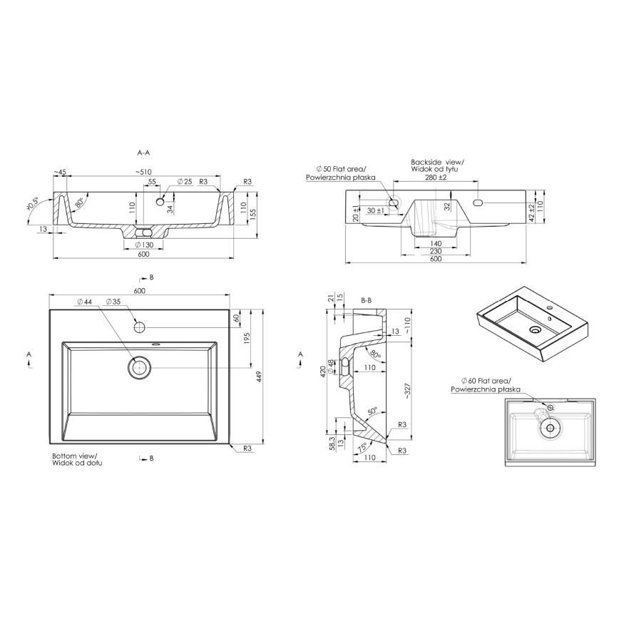 Sapho - Nadpultni umivaonik ORINOKO 60x45 cm mramor/bijela