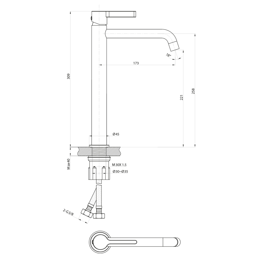 Sapho - Slavina za umivaonik ICONIC 30,9 cm mat crna