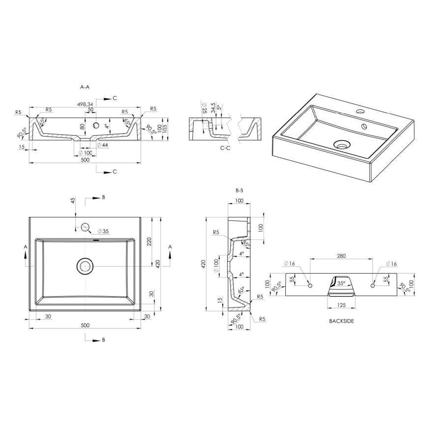 Sapho - Umivaonik za postavljanje na ploču ORINOKO 50 x 42 cm mramor/bijela