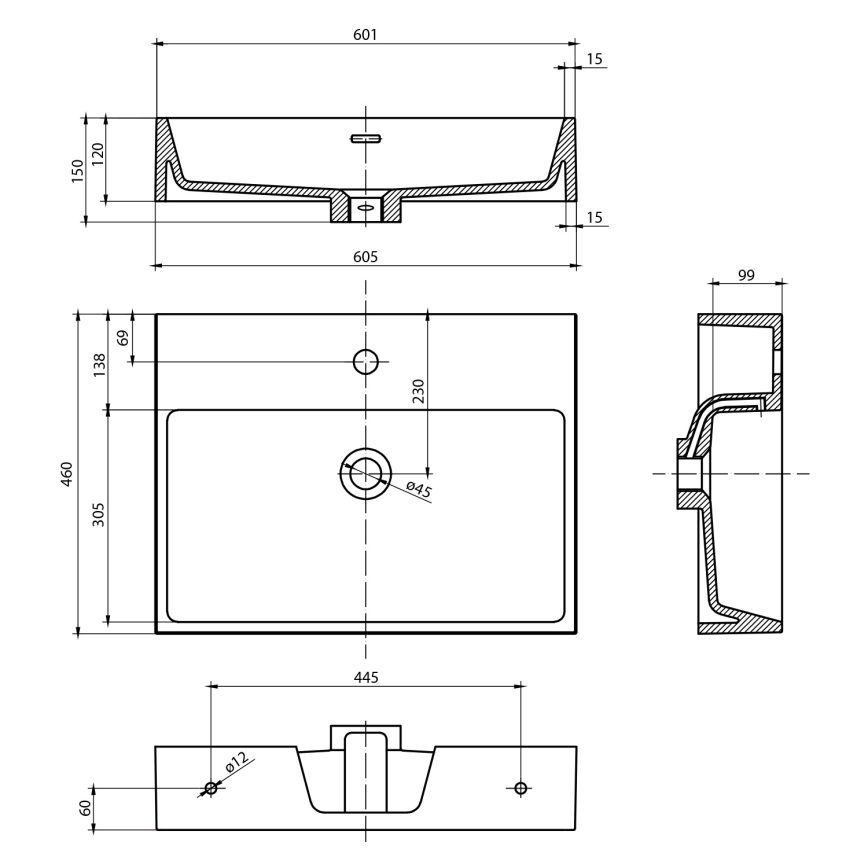 Sapho - Viseći umivaonik AQUATIC 60x46 cm keramika/bijela
