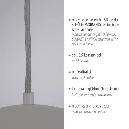 Schöner Wohnen 11728-39 - Viseća svjetiljka na kabelu ALI, 1xE27/25W/230V, Ø 38 cm, siva