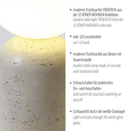 Schöner Wohnen 12543-42 - Stolna lampa TRAVENTA 1xG9/10W/230V beton