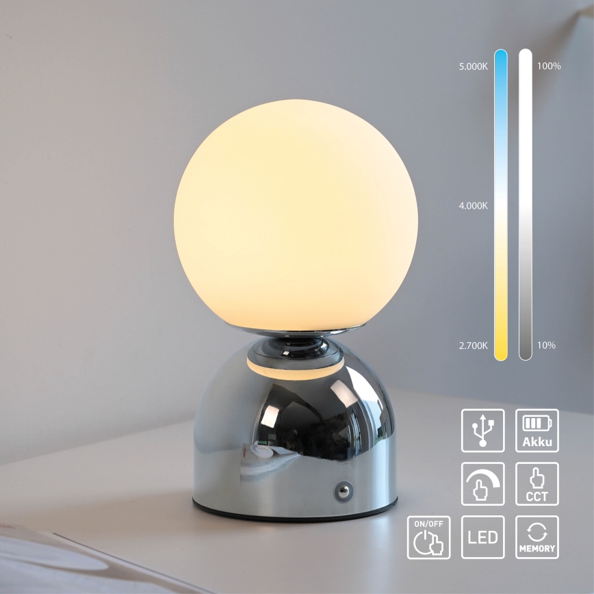 Schöner Wohnen 19218-17 - Stolna LED lampa RUDI, punjiva, s dodirnim upravljanjem i mogućnošću prigušivanja, LED/1,2W/5V 3000-6000K 1200 mAh sjajni krom