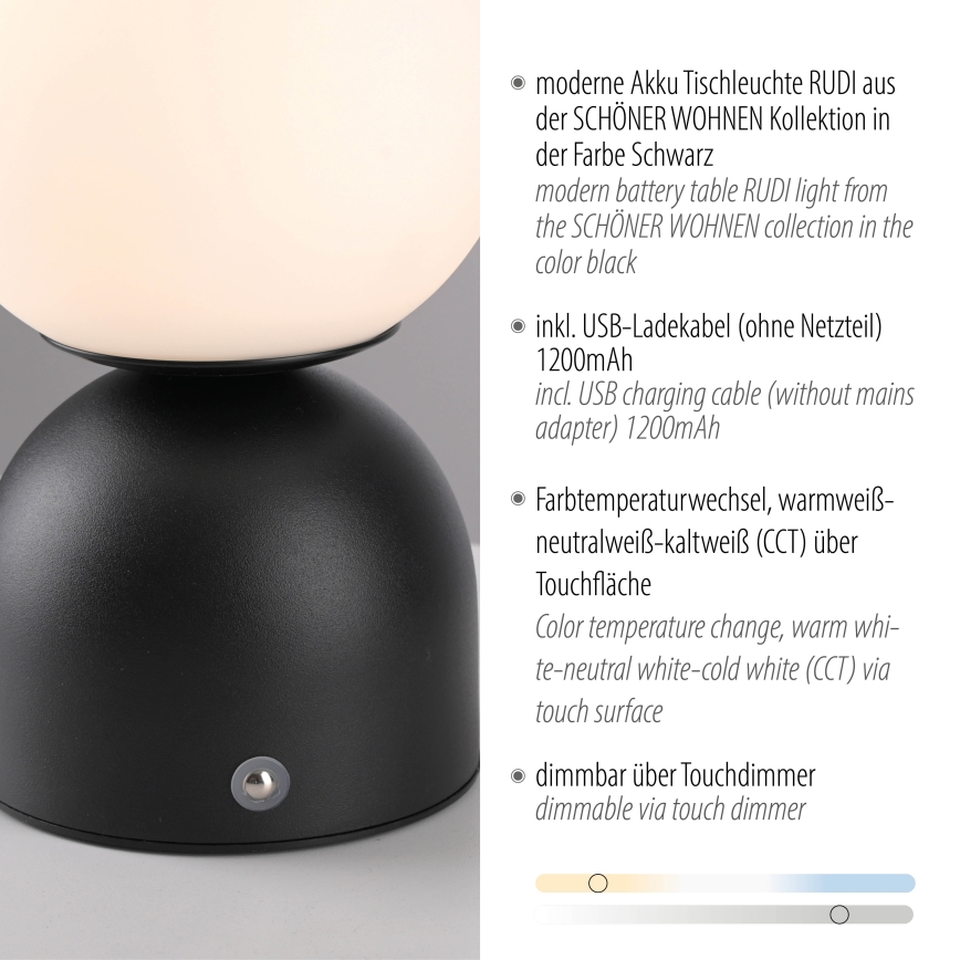 Schöner Wohnen 19218-18 - LED prigušiva dodirna punjiva stolna lampa RUDI LED/1,2W/5V 3000-6000K 1200 mAh crna