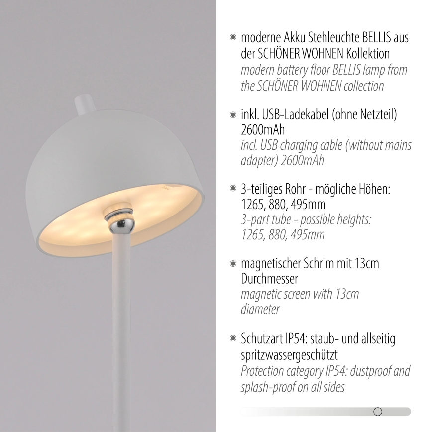 Schöner Wohnen 19245-16 - LED podna lampa BELLIS, vanjska, punjiva, dodirna, s podesivom svjetlinom, LED/2,5W/5V 2600 mAh IP54, bijela