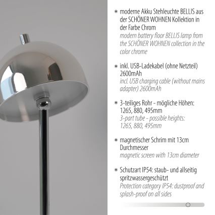 Schöner Wohnen 19245-17 - LED prigušiva dodirna punjiva vanjska podna svjetiljka BELLIS LED/2,5W/5V 2600 mAh IP54 sjajni krom