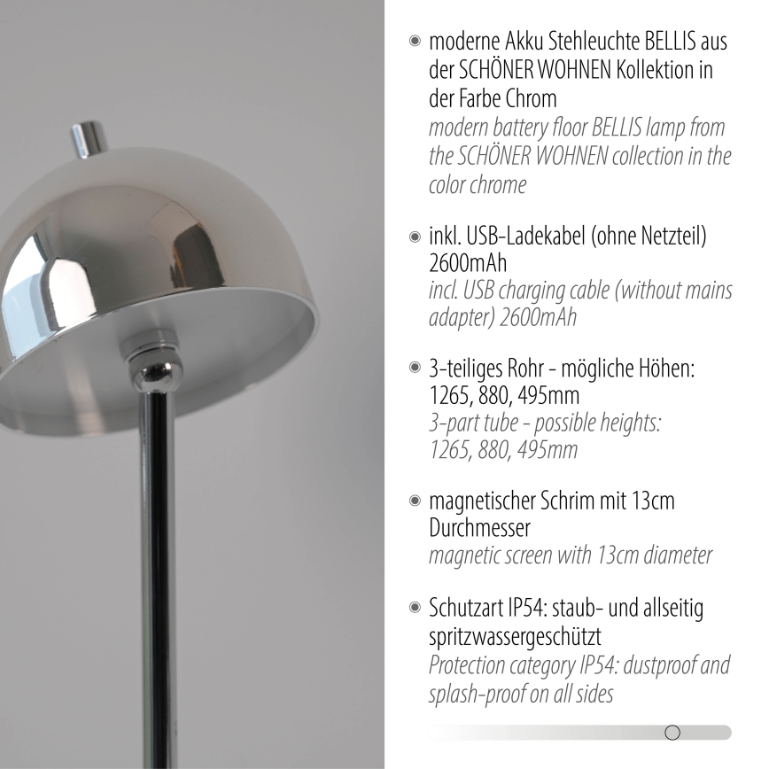 Schöner Wohnen 19245-17 - LED prigušiva dodirna punjiva vanjska podna svjetiljka BELLIS LED/2,5W/5V 2600 mAh IP54 sjajni krom