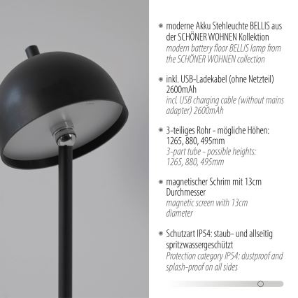 Schöner Wohnen 19245-18 - BELLIS vanjska podna LED lampa s dodirnim prigušivanjem, punjiva, LED/2,5W/5V, 2600 mAh, IP54, crna