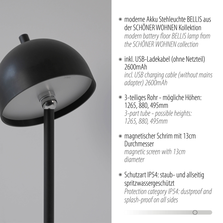 Schöner Wohnen 19245-18 - BELLIS vanjska podna LED lampa s dodirnim prigušivanjem, punjiva, LED/2,5W/5V, 2600 mAh, IP54, crna