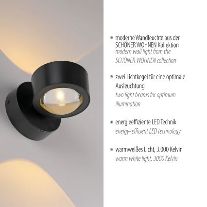 Schöner Wohnen 19331-18 - LED zidna svjetiljka CHIA 2xLED/2W/230V crna