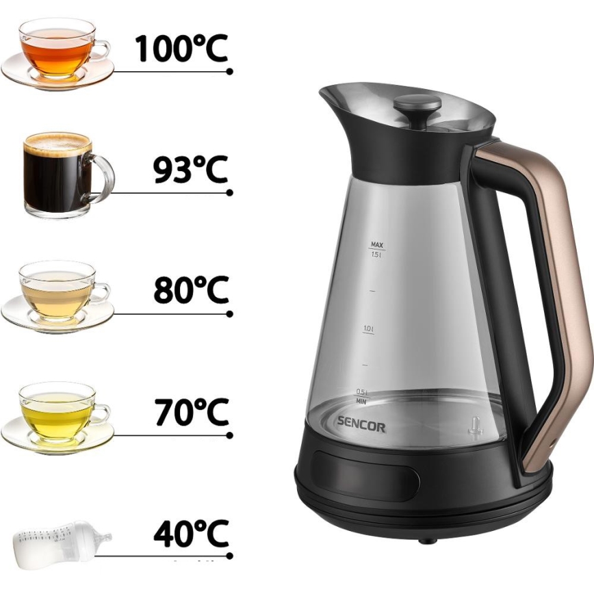 Sencor - Električno kuhalo za vodu s termoregulacijom 1,5 l 2150W/230V crna/ružičasto zlato