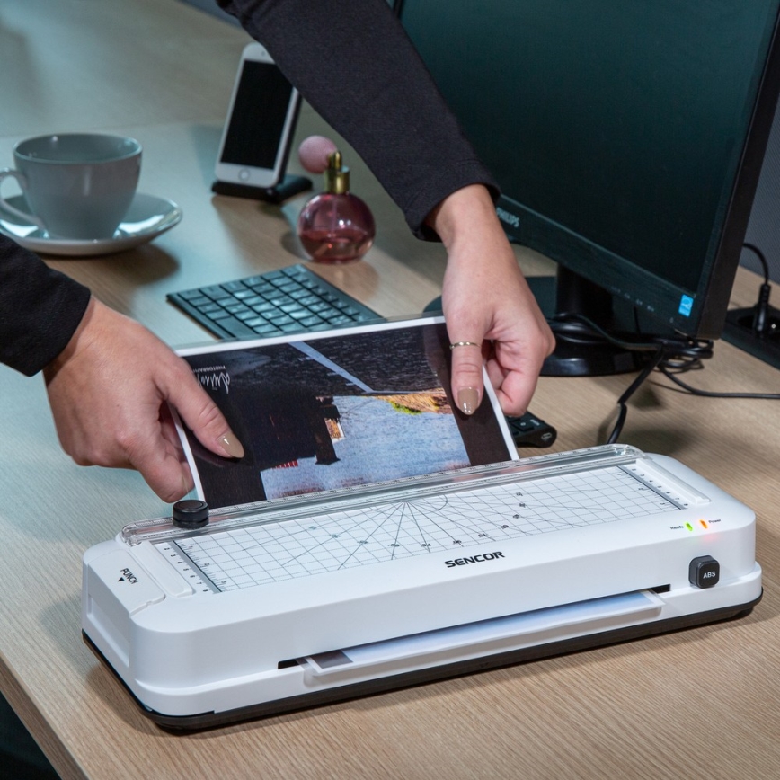 Sencor - Laminator A4 s rezačem i bušilicom za papir 100W/230V bijela