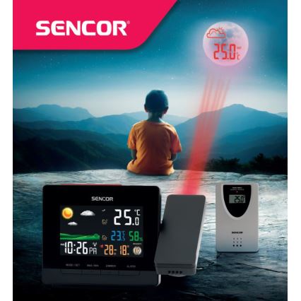 Sencor - Meteorološka stanica s LCD zaslonom u boji, budilicom i projektorom 2xAA + 2xAAA