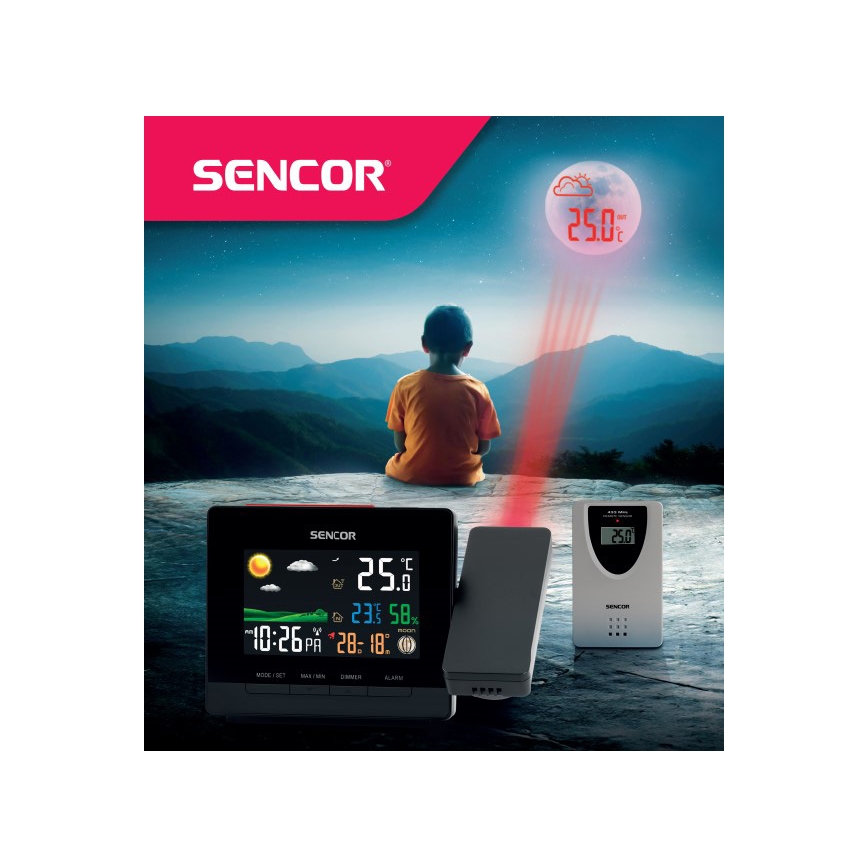 Sencor - Meteorološka stanica s LCD zaslonom u boji, budilicom i projektorom 2xAA + 2xAAA